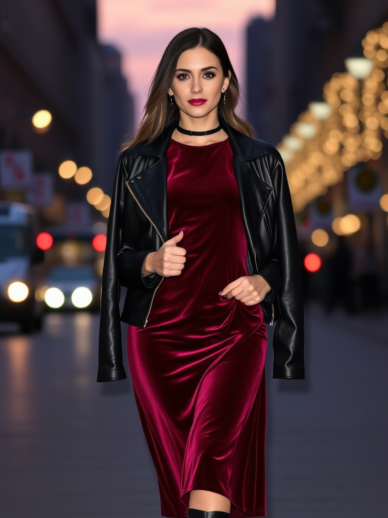 Velvet Dress with Leather Jacket
