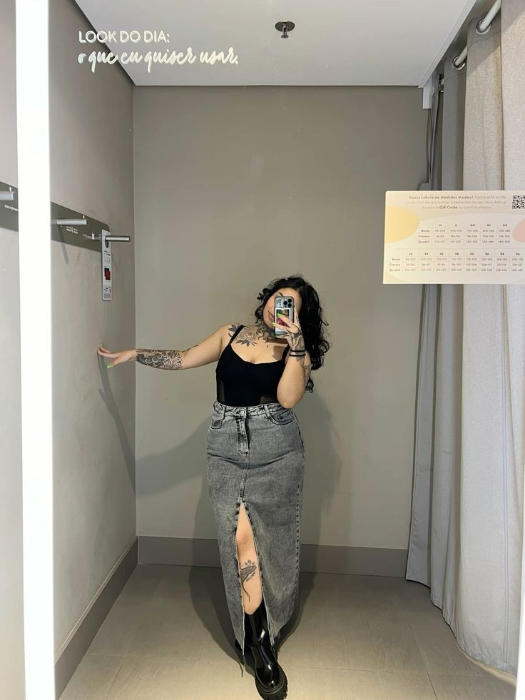 Black Tank and Distressed Denim Skirt
