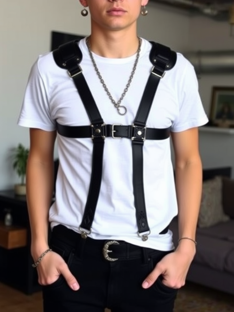 Leather Harness Over T-shirt

