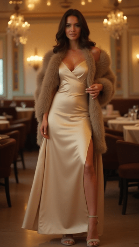 Satin Slip Dress and Faux Fur Stole