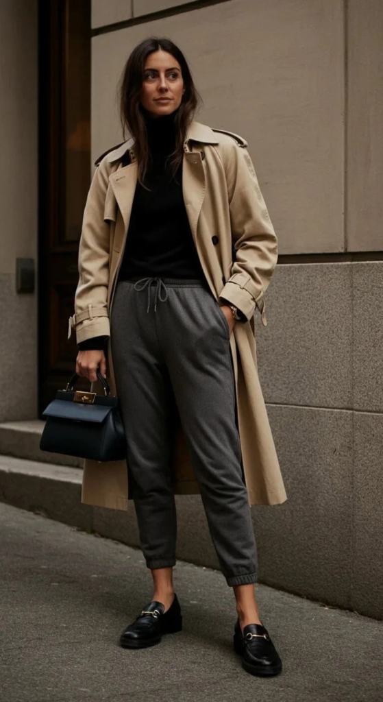 Trench Coat and Slim Sweatpants