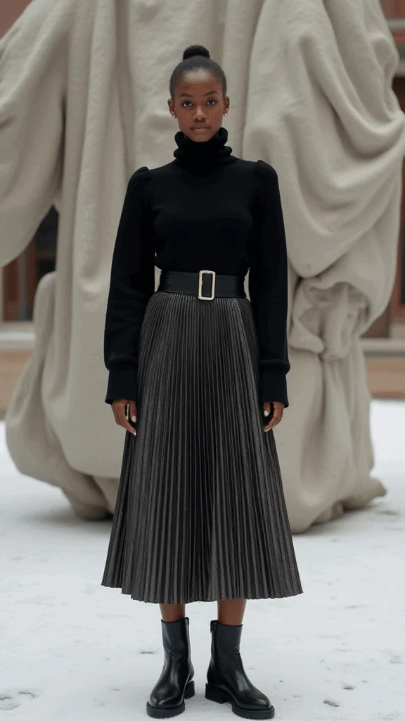 Turtleneck Sweater and Pleated Midi Skirt