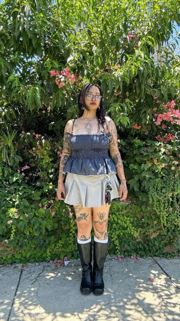 Edgy Plaid Top with White Skirt
