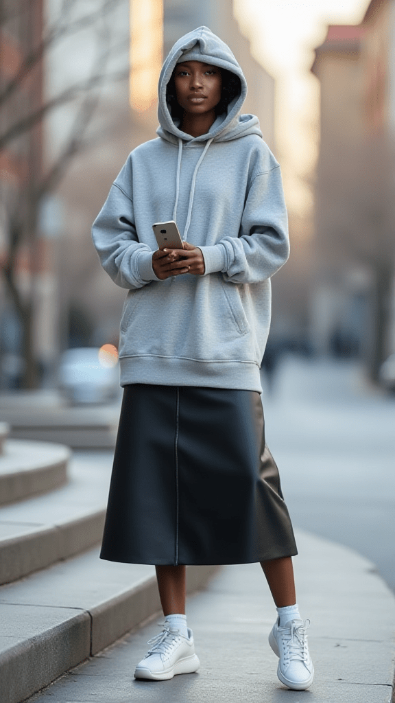 Oversized Hoodie and Leather Midi Skirt