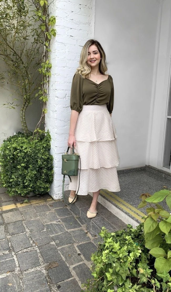 Olive Blouse With Tiered Midi Skirt
