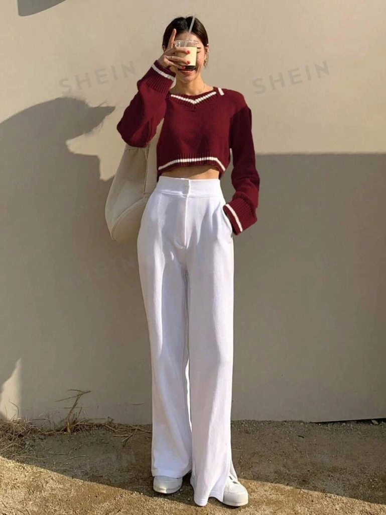 Burgundy Crop Sweater With Wide-Leg Pants

