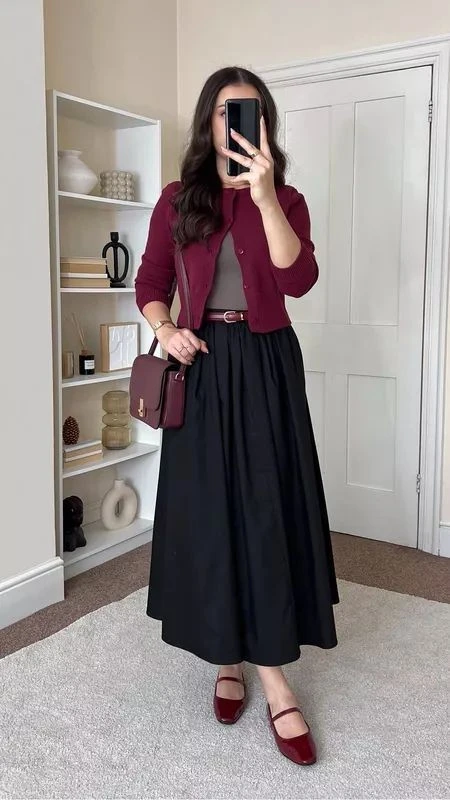 Burgundy Cardigan with Midi Skirt
