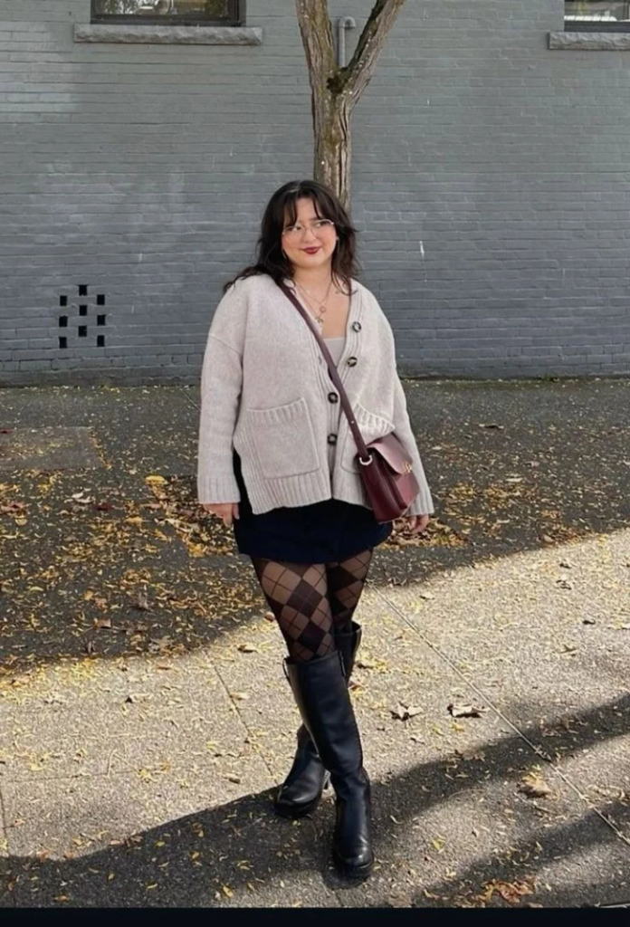 Cream Cardigan with Knee-High Boots
