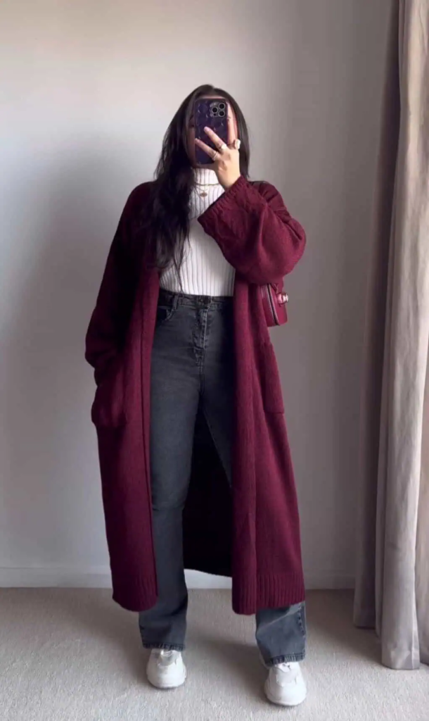 Burgundy Cardigan Over White Ribbed Top
