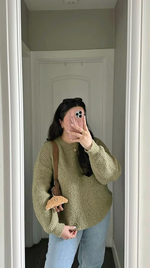 Oversized Sage Sweater with Light Jeans
