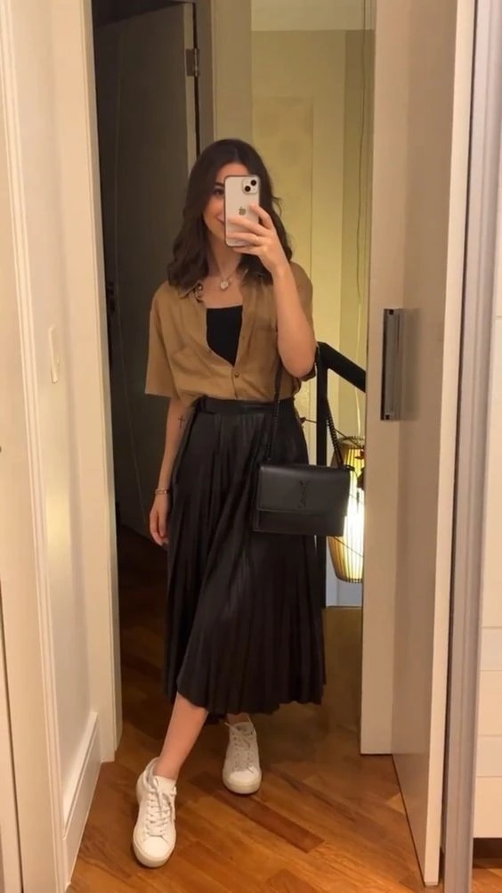 Neutral Button-Up with Pleated Midi Skirt
