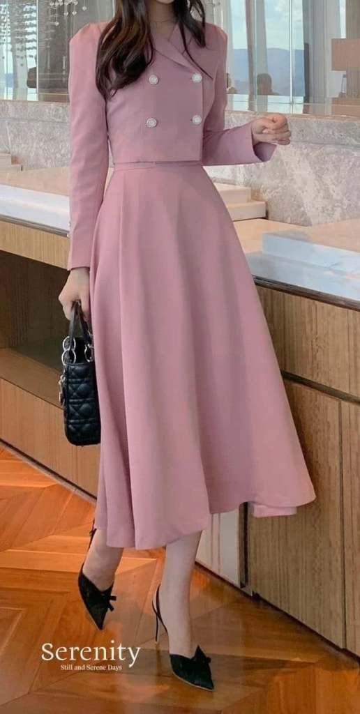Elegant Pink Double-Breasted Midi Dress
