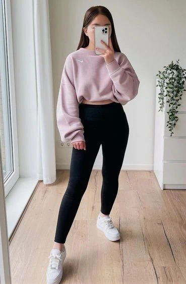 Cozy Cropped Sweatshirt and Black Leggings
