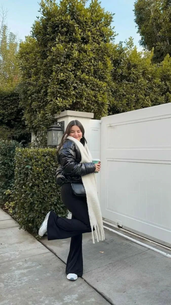 Black Leggings with Puffed Jacket and Scarf