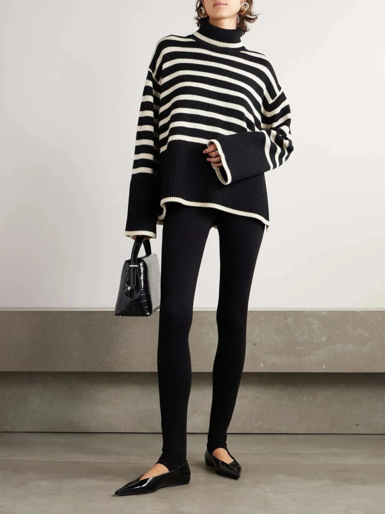 Striped Sweater with Classic Black Leggings