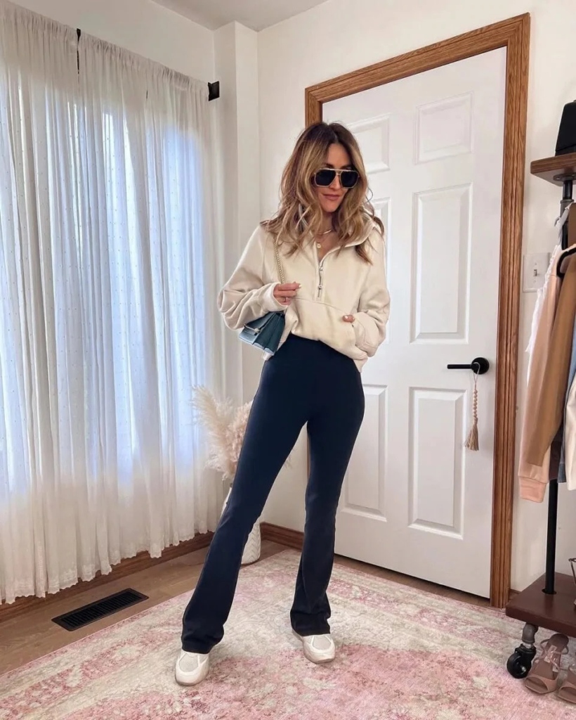 Black Flare Leggings with Cream Hoodie