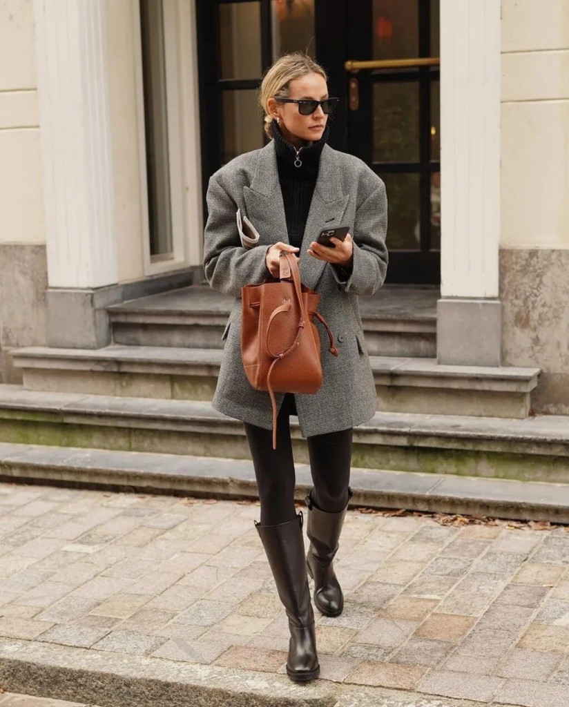Polished Black Leggings with Tailored Coat