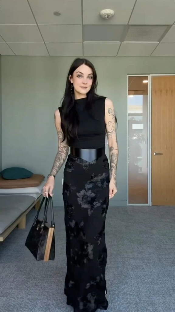 Sleek Black Tank with Floral Maxi Skirt
