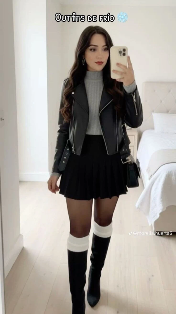 Edgy Leather Jacket with Pleated Skirt