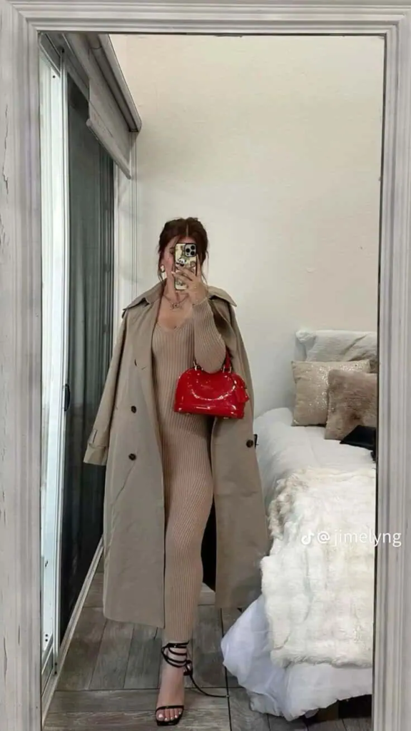 Beige Trench with Red Patent Bag