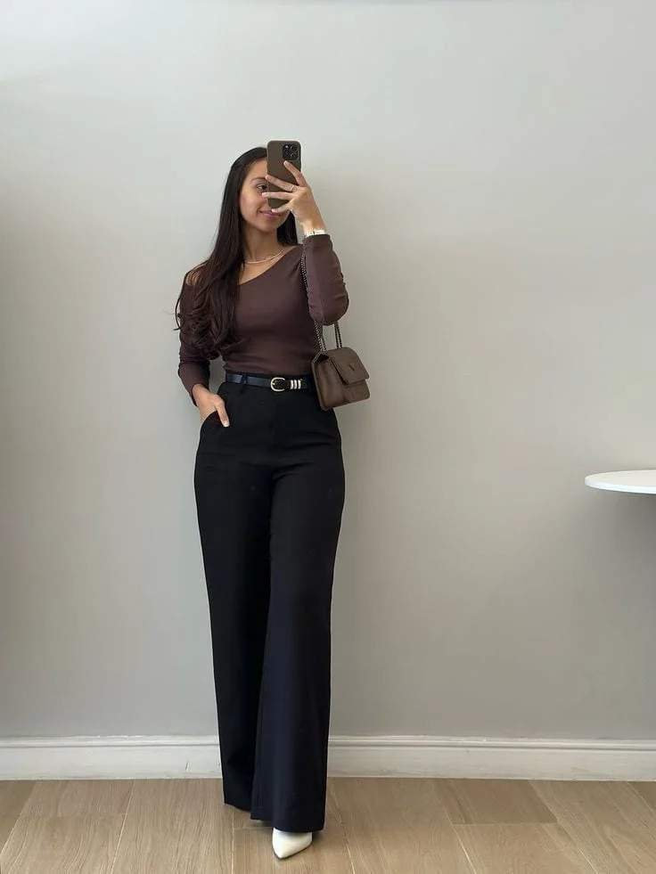 Chocolate Top with Black Wide-Leg Trousers
