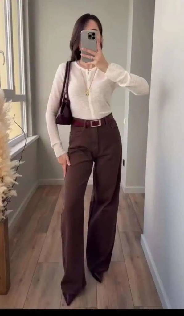 Cream Cardigan with Burgundy Wide-Leg Trousers
