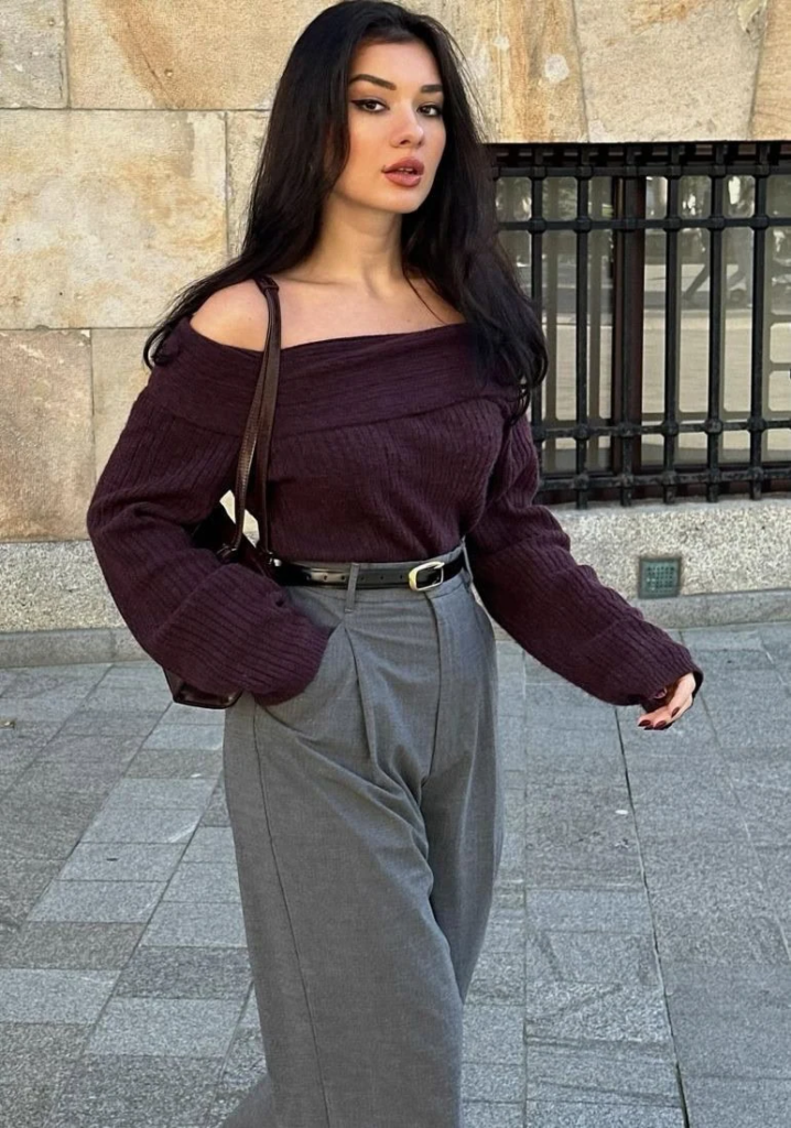 Burgundy Off-Shoulder with Tailored Trousers
