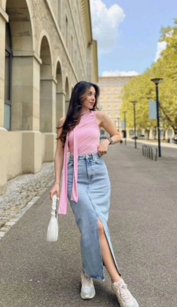 Pink Top with Denim Midi Skirt
