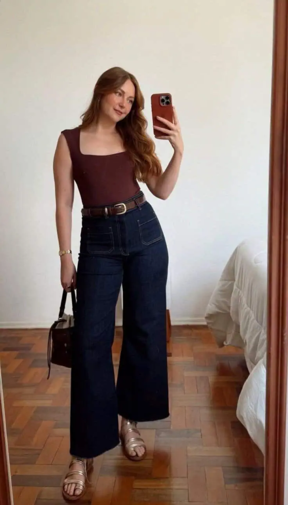 Burgundy Tank with Wide-Leg Jeans
