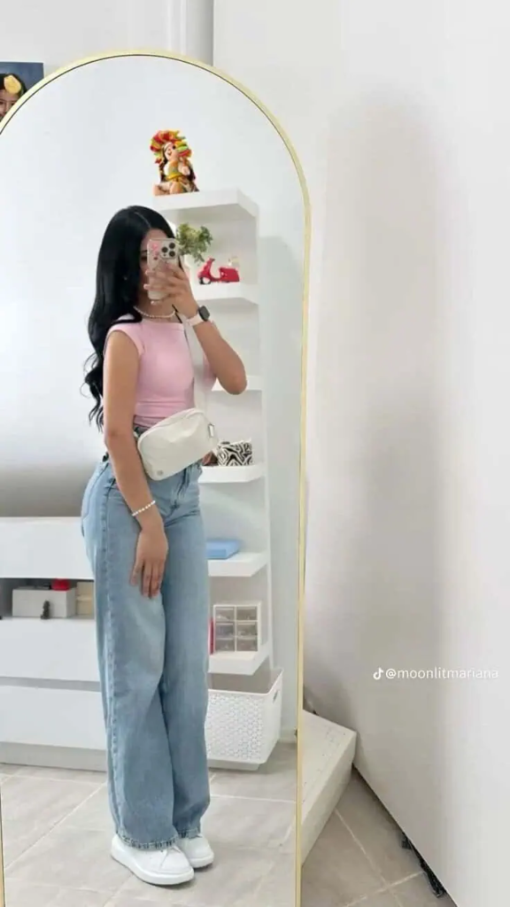 Pink Tank Top with Wide-Leg Jeans
