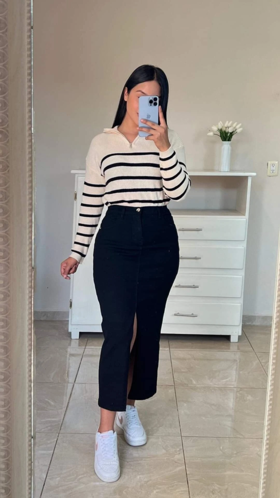 Striped Sweater with Black Cropped Trousers

