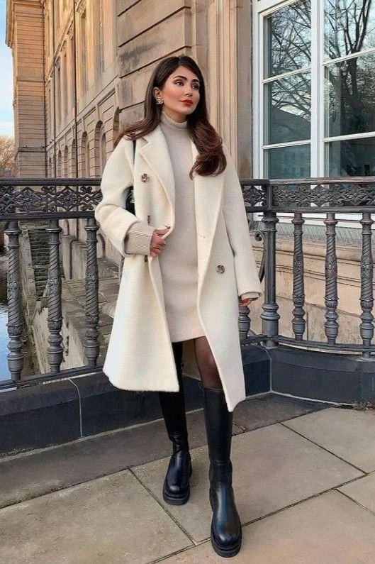 Cream Wool Coat with Black Boots
