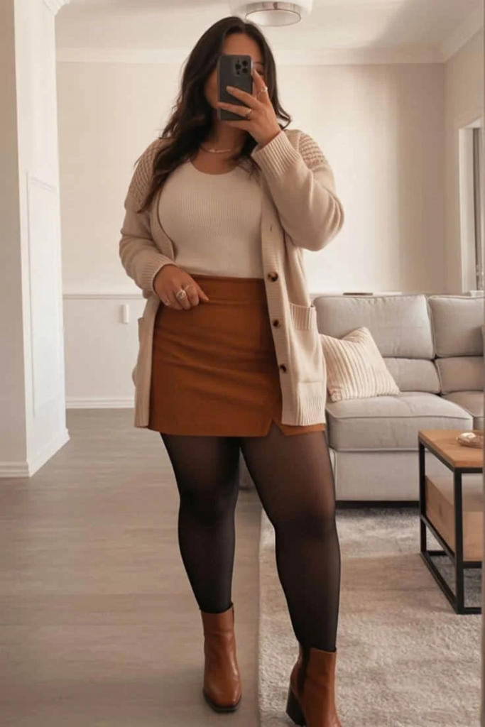 Cream Cardigan with Rust Mini Skirt
