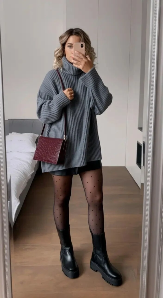 Oversized Sweater with Patterned Tights
