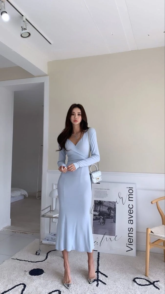 Soft Blue Wrap Dress with Crossbody Bag