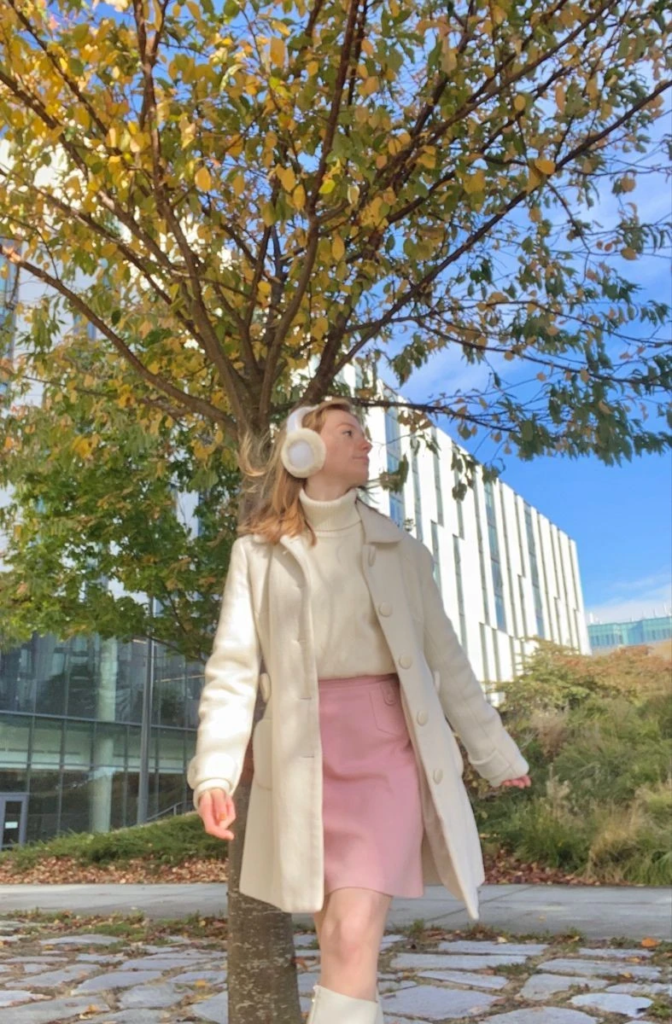 Cream Coat with Pink Skirt Elegance
