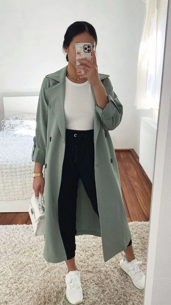 Sage Trench Coat with Casual Basics
