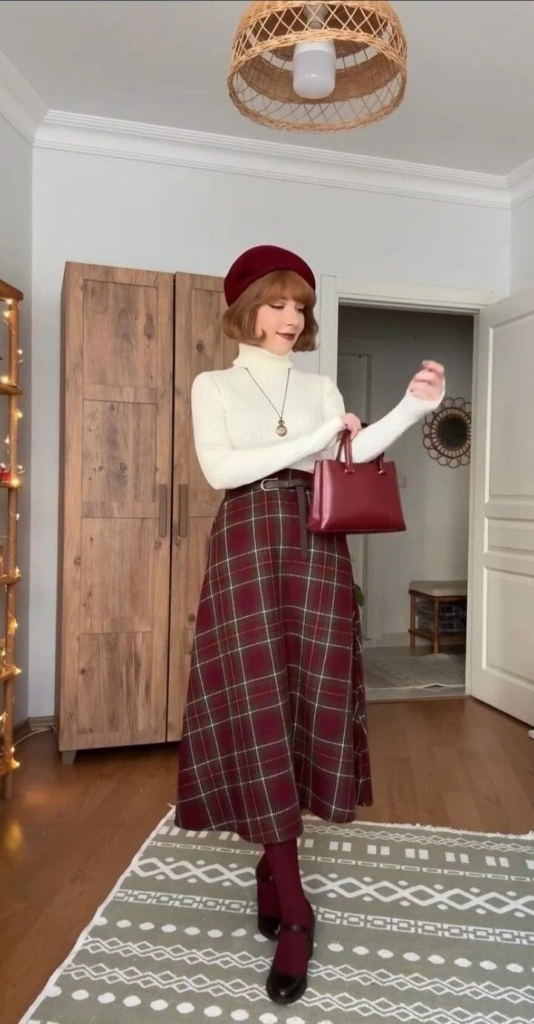 Burgundy Plaid Skirt and Cream Turtleneck
