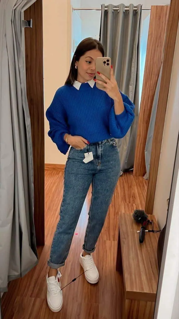 Preppy Blue Sweater with Crisp Collar