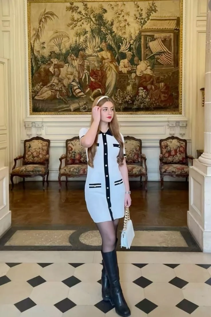 Preppy White Shirt Dress with Boots
