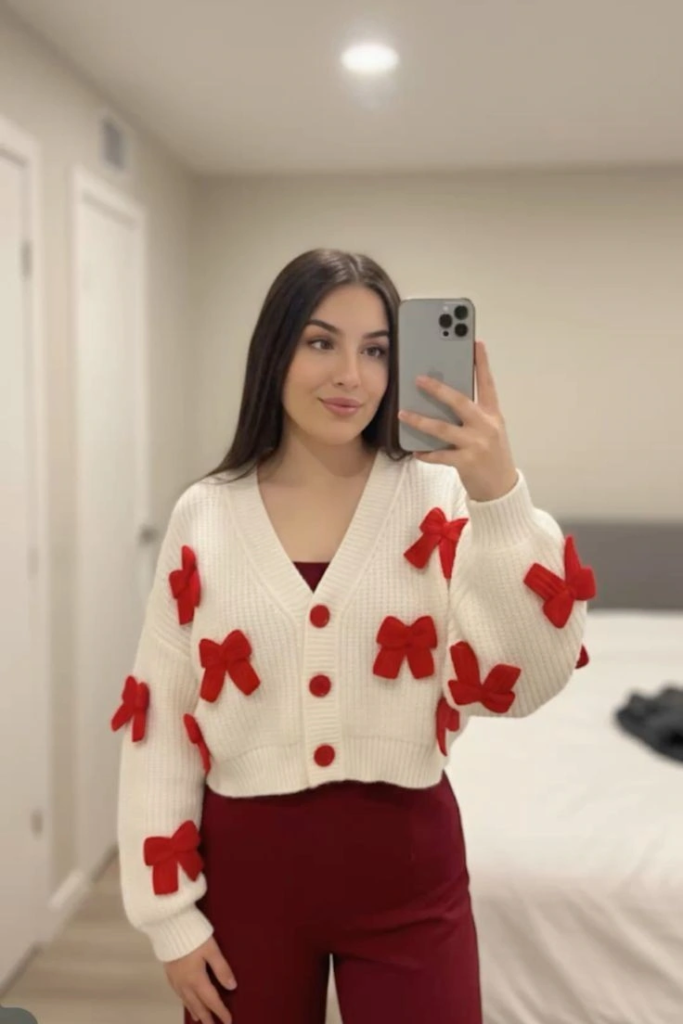 Festive Bow Cardigan with Burgundy Pants