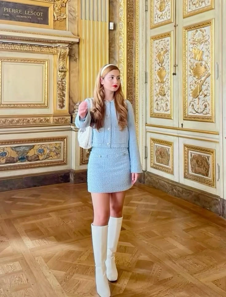 Pastel Blue Sweater Dress and Knee-High Boots
