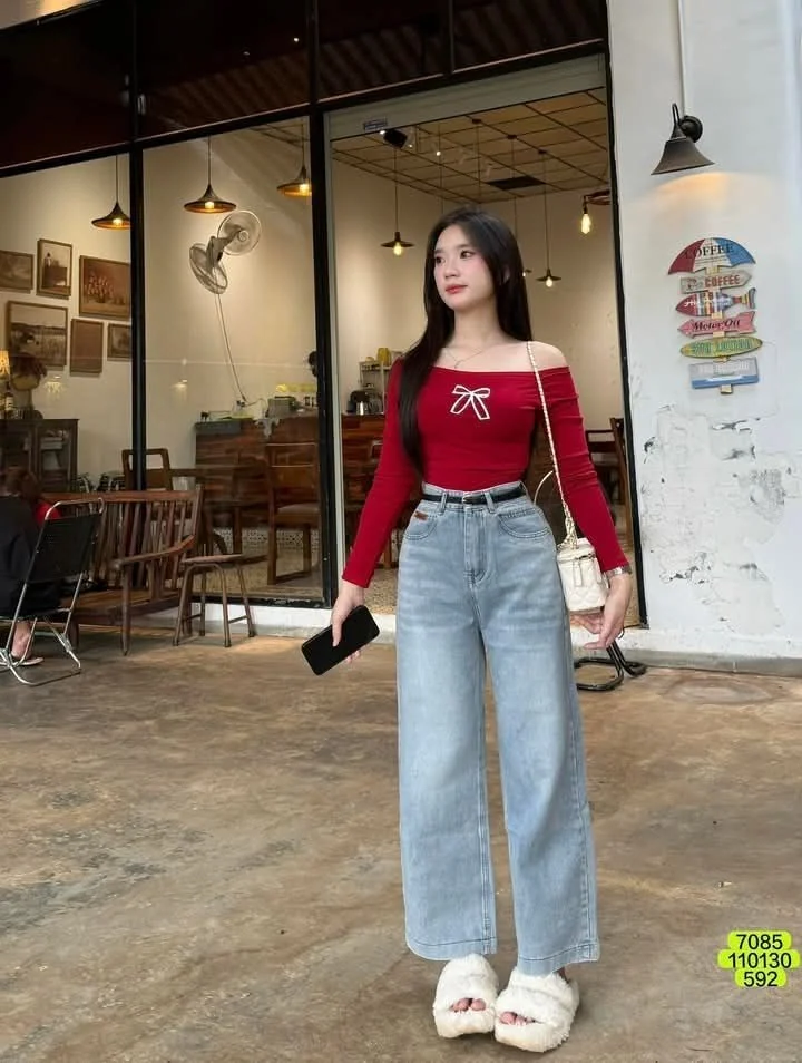Red Off-Shoulder Top with Wide-Leg Jeans
