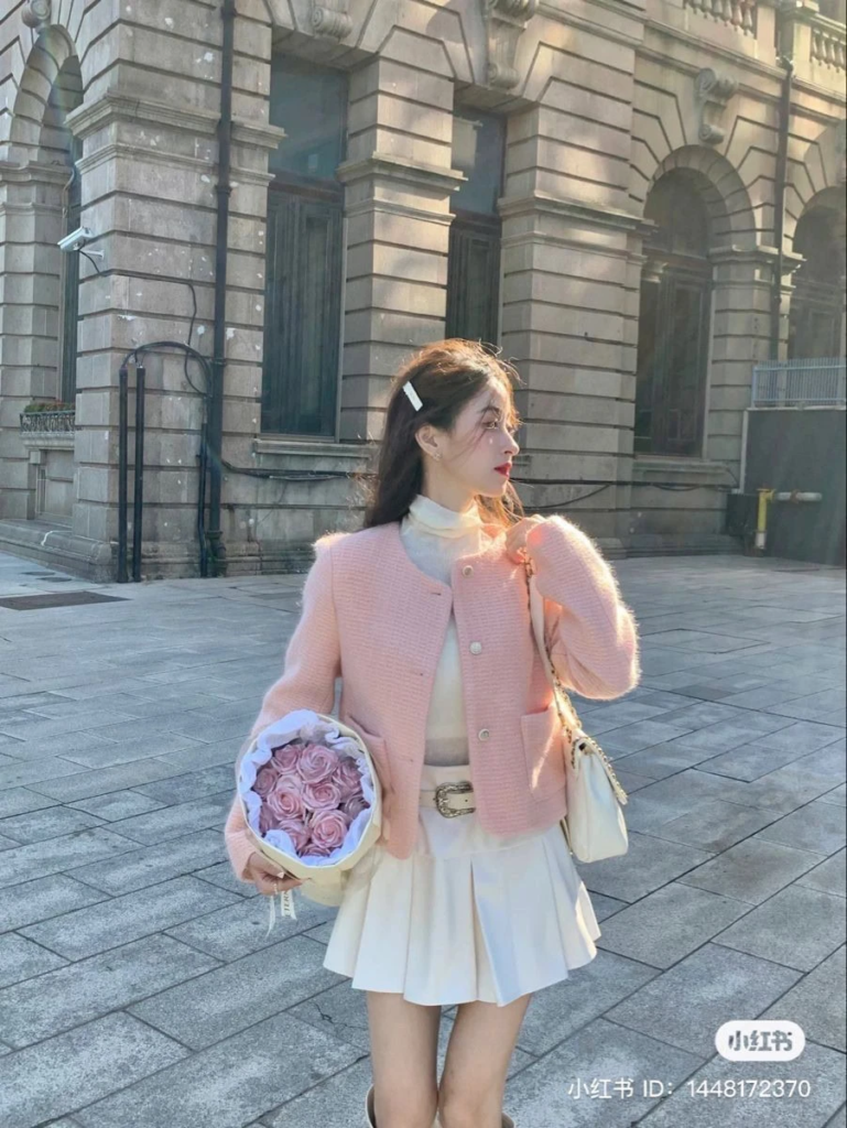 Pastel Pink Cardigan with Cream Pleated Skirt