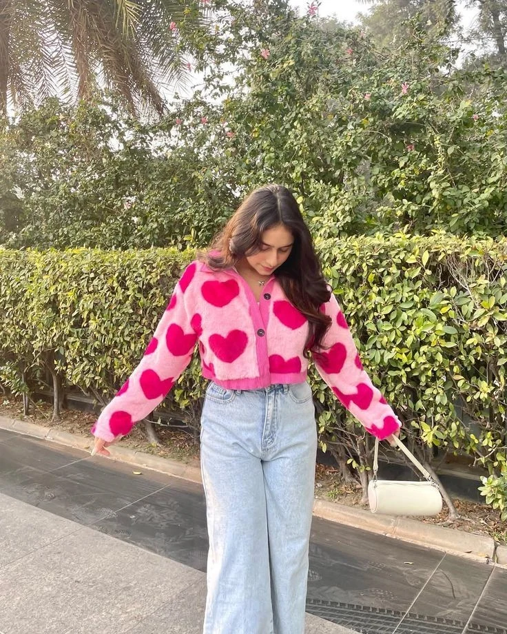 Pink Heart Cardigan with Light Denim