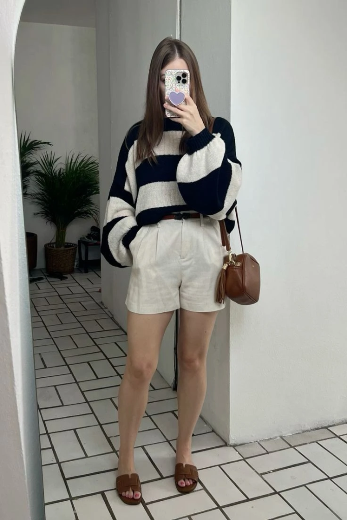 Striped Sweater with Cream Shorts
