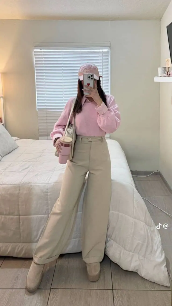 Soft Pink Sweater with Beige Trousers