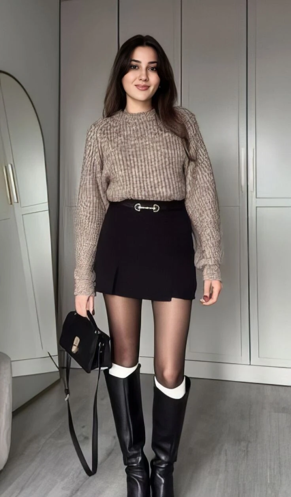Cozy Knit Top with Black Mini Skirt