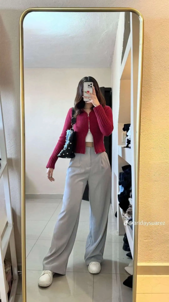 Magenta Cardigan with Neutral Trousers