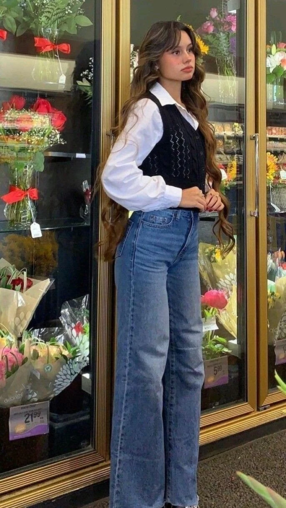 Classic Preppy Layering with Wide-Leg Jeans